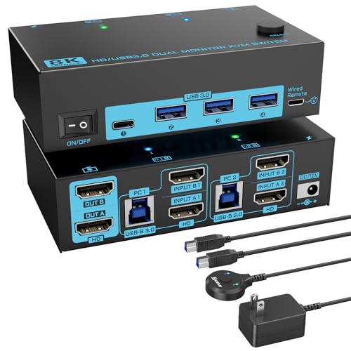 8K Dual Monitor KVM Switch Dual HDMI 2.1 2 Monitors 2 Computers 2 in 2 Out 4 Port USB 3.0 8K@60Hz/4K@120Hz KVM Switches， Wired Desktop Controller & 2 USB 3.0 Cables Included - color: Black-02, size: 12cm