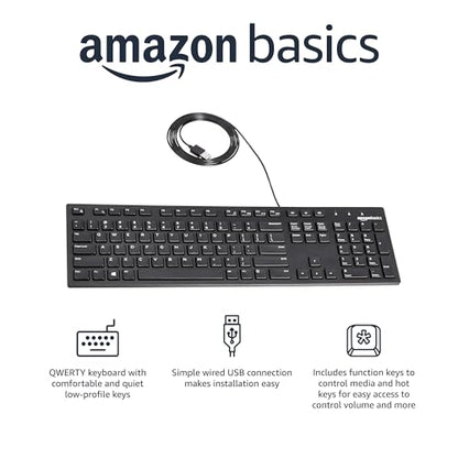 Amazon Basics Wired QWERTY Keyboard, Works with Windows, Plug and Play, Easy to Use with Media Control, Full-Sized, Black