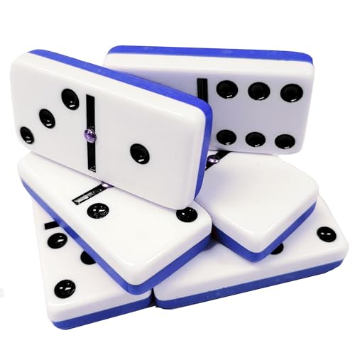 Marion Domino Double Six Two Tone Blue & White Jumbo Tournament Professional Size with Spinners in Dovetail Sheesham Wood Box. - color: Two Tone Blue-white