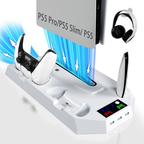 PS5/Slim/Pro Cooling Station for PlayStation 5 Console,PS5 Cooler Fan with Dual PS5 Controller Charger Incl. 3 Level Fans,Headset,3 USB Hubs,PS5/Slim/Pro Stand for PlayStation 5 Console Accessories - color: White