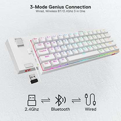 Redragon K530 Pro Draconic 60% Wireless RGB Mechanical Keyboard, BT/2.4Ghz/Wired 3-Mode 61 Keys Compact Gaming Keyboard w/Hot-Swap Socket, Free-Mod Plate Mounted PCB & Tactile Brown Switch - color: White, size: Brown Switch