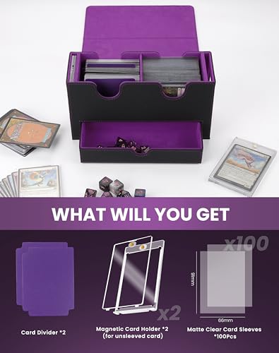 MRAUF MTG Deck Box with Double Commander Display and Dice Tray, Fits 200+ Double Sleeved Cards, Card Storage Box Plus 2 Magnetic Holders& 100Pcs Card Sleeves (Black& Purple) - color: Black& Purple