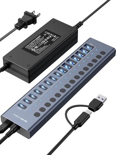 ACASIS 16 Ports Powered USB 3.2 Hub (8 USB-A 3.2 +8 USB-C 3.2) | Aluminum USB Hub Powered with 96W Power Adapter, USB Hub for PC/Laptop, Computer, Flash Drive, Printer, Camera - color: Gray