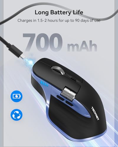 TECKNET Wireless Mouse, Bluetooth Mouse (BT5.3/5.0 & 2.4G) Rechargeable Ergonomic Optical Mouse with 6 Adjustable DPI, Side Scroll, Quiet Clicks, USB A Receiver, 7 Buttons, Wide Compatibility - color: Black & Blue