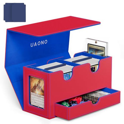 UAONO 3-in-1 MTG Commander Deck Box, Red Blue | 2 Magnetic Card Holders & 1 Dice Tray, Fits 200 Double Sleeved, Card Organizer Compatible with Magic the Gathering - color: Red&Blue