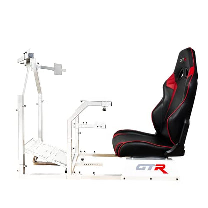GTR Simulator GTA-F Racing Cockpit | Silver Frame with Triple/Single Monitor Stand | Adjustable Leatherette Seat | Stable & Adjustable | Compatible with All Steering Wheels & Pedals for PC & Console - color: White, Black Red