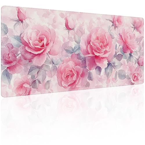 31.5”x11.8”Large Gaming Mouse Pad for Desk, Mouse Mat with Seamed Edges, Waterproof Desk Pad, Non-Slip Rubber Base, Keyboard Pad Computer Mat, Big XL Mousepad-Pink Roses Watercolor - color: Pink Roses Watercolor