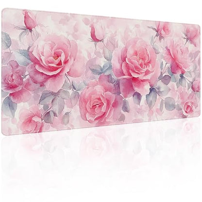31.5”x11.8”Large Gaming Mouse Pad for Desk, Mouse Mat with Seamed Edges, Waterproof Desk Pad, Non-Slip Rubber Base, Keyboard Pad Computer Mat, Big XL Mousepad-Pink Roses Watercolor - color: Pink Roses Watercolor