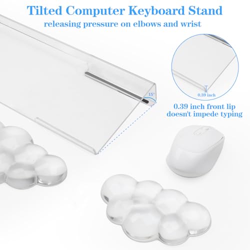 Acrylic Transparent Computer Keyboard Stand with Gel Cloud Keyboard and Mouse Wrist Rest, Ergonomic Tilting 3-in-1 Set, Relieves Painful Typing, for Office/Computer/Laptop/Gaming - color: Clear Cloud Set