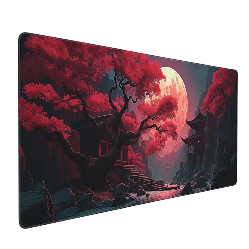 Extended Gaming Mouse Pad, Japanese Temple Scene, 35.4 x 15.7 inches, Non-Slip Base, Red Moon Design - color: Red Moon Canyon