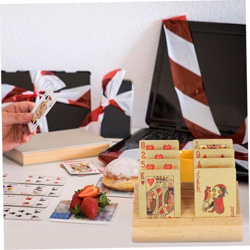 Wooden Card Display Holder Sloped Playing Card Stand Nonslip Base for Easy Access and Viewing for Games and Organizing Decks Rustic Pine Construction