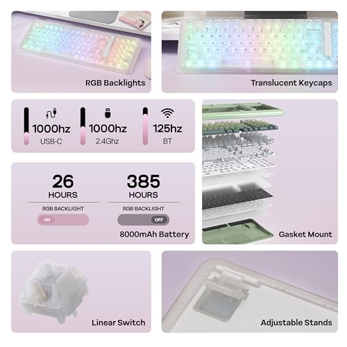 KiiBoom Phantom98 Lite 96% Wireless Mechanical Gaming Keyboard, VIA Programmable, Creamy Keyboard with Gasket, 8000mAh Battery, Hot Swap, RGB Backlits, NKRO for Win/Mac (Clear, Mochi Switch) - color: Clear, size: Mochi Switch