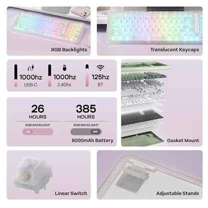 KiiBoom Phantom98 Lite 96% Wireless Mechanical Gaming Keyboard, VIA Programmable, Creamy Keyboard with Gasket, 8000mAh Battery, Hot Swap, RGB Backlits, NKRO for Win/Mac (Clear, Mochi Switch) - color: Clear, size: Mochi Switch