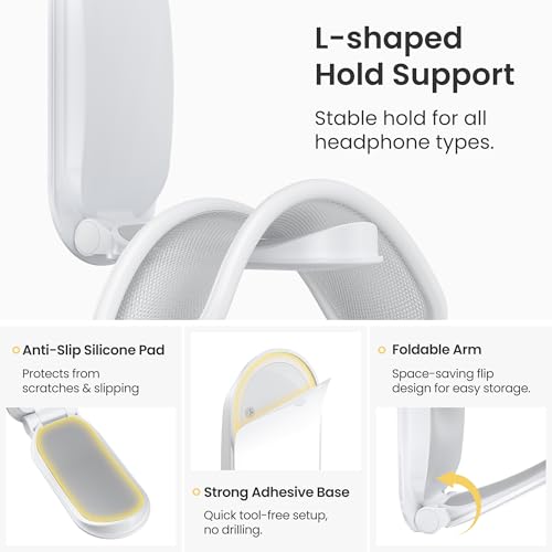 Itramax Wall Mount Headphone Hanger,Adhesive Headset Holder for Desk,2 Pack Foldable Headphone Monitor Stand Holder,Sticky PC Gaming Headset Earphone Hook for AirPods Max,HyperX,Sennheiser,Xbox-White
