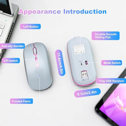 Wireless Bluetooth Mouse, Rechargeable Computer Mouse, Silver | Dual Mode - BT5.2 & 2.4G,Long Lasting,Silent RGB LED Mice,Slim Portable Mouse for Laptop,PC,Tablet,MacBook,iPad,Apple Devices - color: Silver