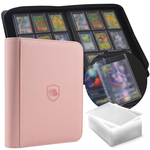 Toploader Binder, Holds 360 Toploaders, 100 Toploaders INCLUDED, 9-Pocket PU Cover Top Loader Binder for 3" x 4" Rigid Toploader, Ringless Double-Sided Toploader Card Binder for TCG, Sport Cards - color: Pink, size: 9 Pocket