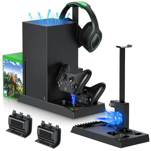 MENEEA Cooling Fan & Charging Stand for Xbox Series X Console & Controller | Vertical Cooler System Dual Charger Station Dock Accessories with 2x1400mAh Rechargeable Battery for Xbox Series X Controller - color: Black