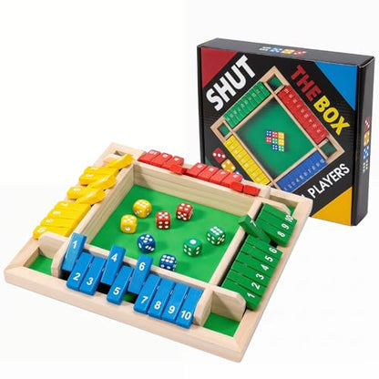 Shut The Box Game Wooden, 2-4 Player Close The Box Dice Game with 8 Colorful Dice, Wooden Math Board Games for Kids Adults Family, Portable Wood Shut The Board Game Box for Party Travel(8.7" x 8.7")
