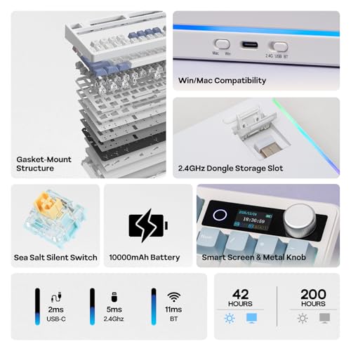 EPOMAKER TH99 PRO 96% Mechanical Keyboard with Screen & Knob, 10000mAh, 2.4Ghz/BT, Hot Swap, Custom Driver, RGB Backlight, PBT Keycap, Wireless Gaming Keyboard for PC/Mac (Blue&White, Sea Salt Silent) - color: Blue&White, size: Sea Salt Silent
