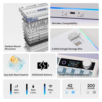 EPOMAKER TH99 PRO 96% Mechanical Keyboard with Screen & Knob, 10000mAh, 2.4Ghz/BT, Hot Swap, Custom Driver, RGB Backlight, PBT Keycap, Wireless Gaming Keyboard for PC/Mac (Blue&White, Sea Salt Silent) - color: Blue&White, size: Sea Salt Silent