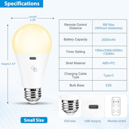 Rechargeable Light Bulbs with Remote Control, Dimmable Battery Operated Light Bulbs with 3 Color Temps and 4 Timer, A19 Wireless Light Bulbs for Sconce, Not-Hardwired, 1 Pack - color: 1 Pack