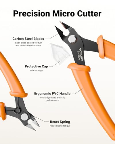 VCELINK Small Wire Cutter, Micro Precision Flush Cutter, 5-Inch, Orange | Spring-loaded Flush Cutter. Carbon Steel HRC51-53. For Electronics, Jewelry, Zip Ties. - color: Orange