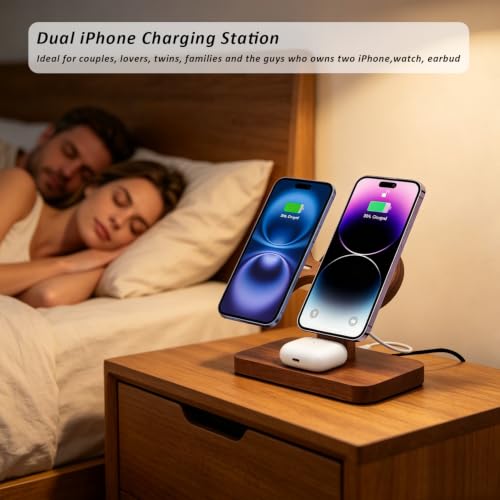3 in 1 Wireless Charging Station for Apple Devices 24W Dual Phone Charging Station for 2 iPhone 17 16 15 14 13 12 Series iWatch 11 10 9 8 7 6 5 4 AirPod Magnetic Wireless Phone Charger Stand - color: With Apple watch charger