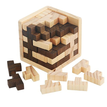 Ahyuan Wooden Brain Teaser Puzzle Cube Wooden Puzzles T-Shaped Jigsaw Logic Puzzle Educational Toy for Kids and Adults by AHYUAN (Brown and Natural) - color: Brown and Natural