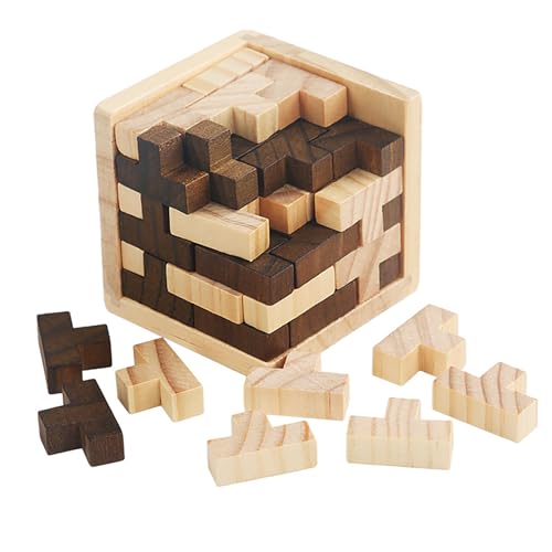 Ahyuan Wooden Brain Teaser Puzzle Cube Wooden Puzzles T-Shaped Jigsaw Logic Puzzle Educational Toy for Kids and Adults by AHYUAN (Brown and Natural) - color: Brown and Natural