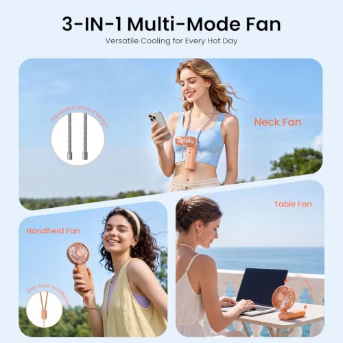 HandFan 2026 𝐔𝐩𝐠𝐫𝐚𝐝𝐞𝐝 Handheld Fan, Hands Free Necklace Fan with lanyard, 8000𝐦𝐀𝐡, 38 Hours Cooling Runtime,180° Foldable (Orange) - color: Clear‑Blade Orange