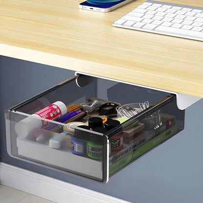 SVNNELP Under Desk Table Drawer Storage Organizer Slide Out, Attachable Hidden Self-Adhesive Under Desk Pencil Tray Drawer for Office/Classroom/Home (Clear Black/M) - size: M