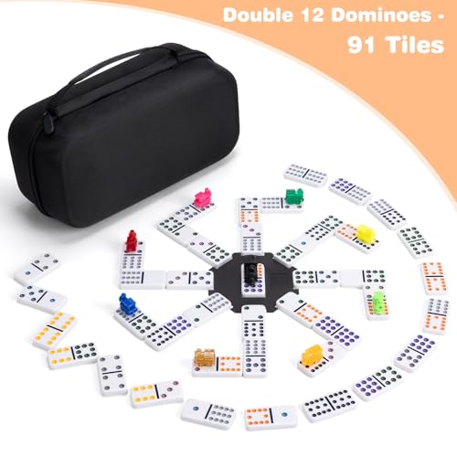Mexican Train Double 12 Dominoes Set - 91 Tiles with 4 Wooden Trays & Travel Case, Family Board Game for Adults Kids Party Travel - style: 4 Tiles Holders, 91 Tiles Double 12 Dominoes Game Set