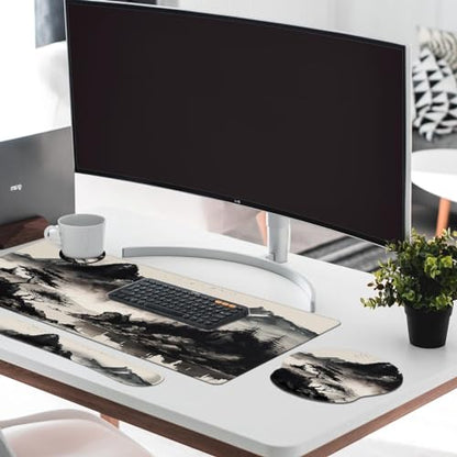 Britimes Black Ink Landscape Keyboard Mouse Pad Set 4in1 Large Mousepad+Keyboard Wrist Rest+Mouse Wrist Rest+Coaster Set with Ergonomic Design for Home Office Computer 35.4x15.7 inches - color: Black Ink Landscape