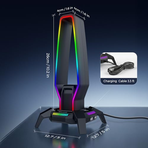 MARVO RGB Headphone Stand Data Transmission, 9 Lights Mode Headset Holder with 1 USB-C & 3 USB Ports & 1 3.5mm Jack Port, Ultimate Gaming Accessories for Gamers for PS, Xbox, PC