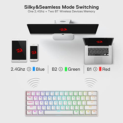 Redragon K530 Pro Draconic 60% Wireless RGB Mechanical Keyboard, BT/2.4Ghz/Wired 3-Mode 61 Keys Compact Gaming Keyboard w/Hot-Swap Socket, Free-Mod Plate Mounted PCB & Tactile Brown Switch - color: White, size: Brown Switch