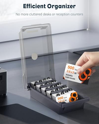 Uniclife Business Card Organizer with Lid & Dividers, 500-Card Capacity | Desktop business card holder and name card storage box with A-Z index tabs for neat sorting, quick viewing and easy access - size: Medium