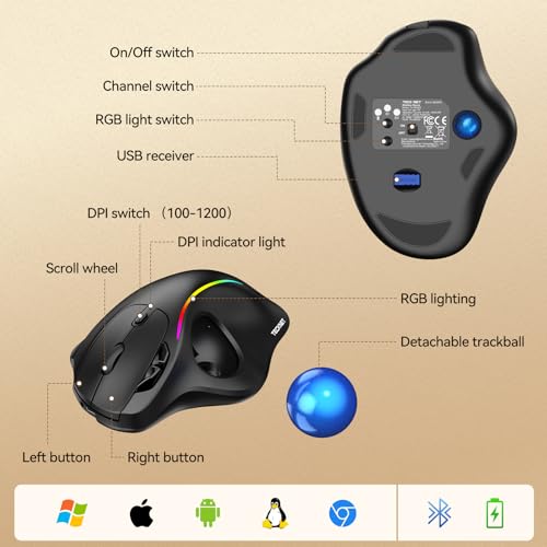 TECKNET Wireless Trackball Mouse, Bluetooth Mouse with Ergonomic, Black | 3-Device Connectivity (Bluetooth & 2.4G), 5 Adjustable DPI, RGB Lighting, PC, Mac & Laptop Compatible - color: Black