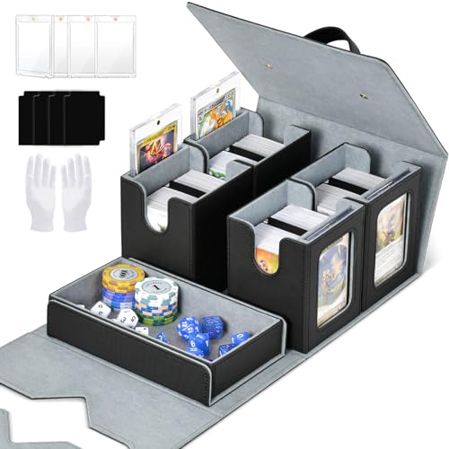 Commander Deck Box for MTG, Trading Card Storage Box Holds 400+ Double-Sleeved Cards, 5 IN 1 Removable Card Case with Dice Tray, Display Window with Magnetic Card Holders for TCG/CCG (Black Grey) - color: 5-IN-1-Black Grey