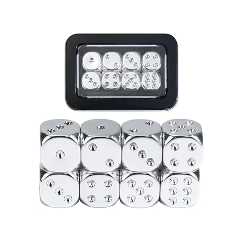 SIXPOINTS 8 Pieces 16mm Silver Electroplated Dice Set with Metal Box,Round Corner Standard D6 Board Game Dice Compatible with RPG MTG DND Table Games,Yahtzee, Bunco or Teaching Math - color: Silver