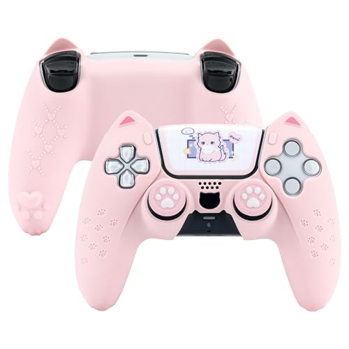 GeekShare Cute Cat Paw Protective Skin Set for ps5 Controller, Anti-Slip Silicone Cover Case Compatible with ps5 Wireless Controller Includes 2 Thumb Grip Caps and 1 Sticker - Pink - color: Pink