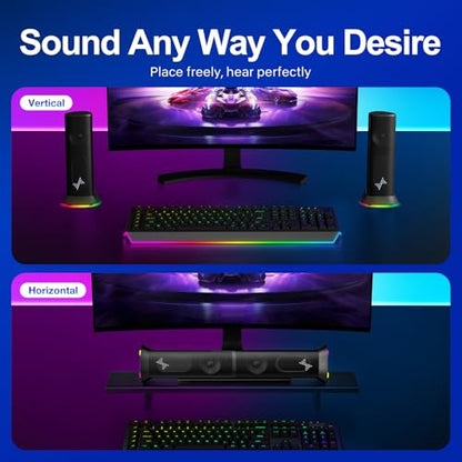 Nylavee Computer Speakers, Plug-and-Play PC Speakers for Desktop & Laptop | Immersive Sound, 9 Customizable RGB Lights, USB/USB-C Powered & 3.5mm AUX-in Speakers for Monitor & Laptop, 18-Month Warranty