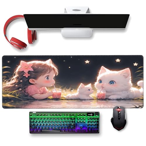 XXL Gaming Mouse Pad 35.4x15.7 inch, Kawaii Juice Cat Anime Theme Desk Mat, Pink Cute Girly Scene Large Mousepad,Fantasy Artistic Keyboard Mouse Mat (Juice Meow) - color: Juice meow