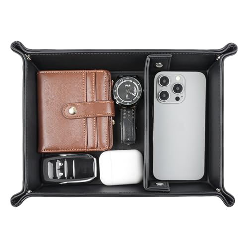 Deluxe Leather Tray Desktop Storage Organizer Watch Remote Control Jewelry Cell Phone Wallet Keychain Desktop Storage for Home, Camping Unique Gift Ideas for Men and Friends - color: Black
