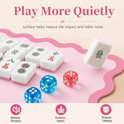 Complete Mahjong Mat Set, 32.4"x32.4" Pink Scalloped Edge Table Cover, Non-Slip & Noise Reduction Gaming Mat with Carrying Bag, Rules, Chips, Wind Marker for Poker & Board Games - color: Pink-set