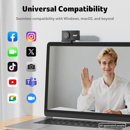 Acer 4K Webcam for PC/Mac with All-Metal Unibody Sculpted, Sony 1/2" Sensor, PDAF, 2 Noise Reduction Mics, Privacy Cover, Lightweight, Fast Cooling, Streaming Camera for Live Meeting Commerce Gaming