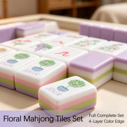 Mahjong Tiles Set, 4-Layer American Mahjong Tiles with 50 Chips,3 Dice & Blue Printed Carrying Bag Case, 160 Pcs Mahjong Sets with Acrylic Engraving for Home, Travel & Game Nights - color: Floral