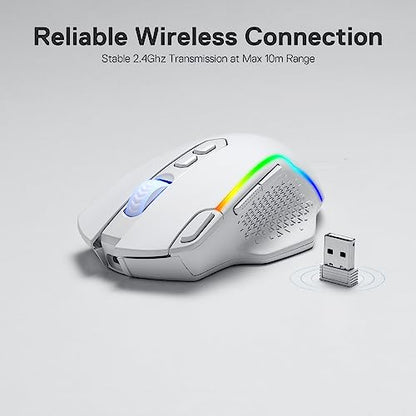 Redragon M810 PRO Wireless RGB Gaming Mouse 10000 DPI Remapping Keys | Cable-Free 0 Delay, Rapid-Fire Macro Keybinds, Vibing Backlight, Ergonomic Grip Body Comfort - color: White, style: M810 PRO