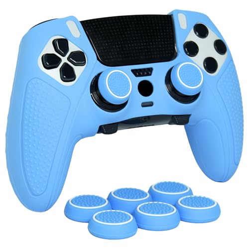 Blue Anti-Slip Controller Skin,Studded Edition Protective Silicone Cover Skin Grips Compatible with ps5 dualsense Edge and 6 PCS Thumb Grips Caps. - color: Blue