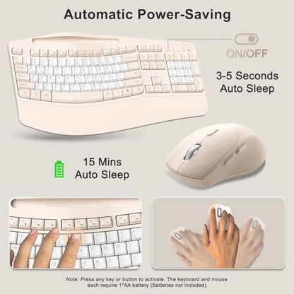 Wireless Keyboard and Mouse Combo, Ergonomic Wave Keys(Milk Tea-B) | 2.4G Full Size Keyboard with Wrist Rest, Phone Holder, 3-Level DPI Silent Mouse with 6-Buttons,for Windows/Mac OS/Laptop - color: Milk Tea-B
