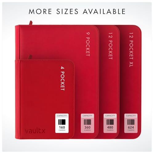 Vault X 4 Pocket Zip Trading Card Binder 160 Cards Exo-Tec (Red) | Holds 160 standard-size TCG cards in 20 side-loading 4-pocket pages. Padded, water-resistant Exo-Tec cover. - color: Red